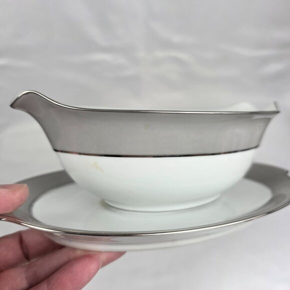 Sango Plantina Gravy Boat with Underplate Gray Band Platinum Trim - Picture 6 of 16